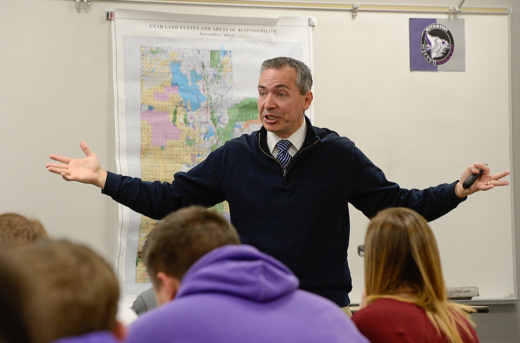 Francisco Kjolseth | The Salt Lake Tribune
Students at Riverton High School get a first-hand lesson in the legislative process as State Representative Dan McCay donates his time in Cliff Strieby's U.S. Government class. McCay figured students could benefit from his experience and learn about the upcoming legislative session which begins on Monday.