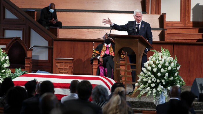 Former President Bill Clinton speaks during the funeral service for the late Rep. John Lewis, D-Ga., at Ebenezer Baptist Church in Atlanta, Thursday, July 30, 2020.  (Alyssa Pointer/Atlanta Journal-Constitution via AP, Pool)