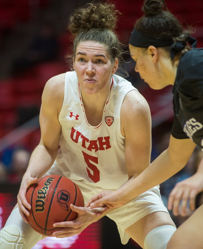 (Rick Egan  |  The Salt Lake Tribune)      Utah center Megan Huff (5) looks for a shot for the Utes, in PAC-12 women's basketball action at the Jon M. Huntsman Center, Sunday, Feb. 18, 2018.