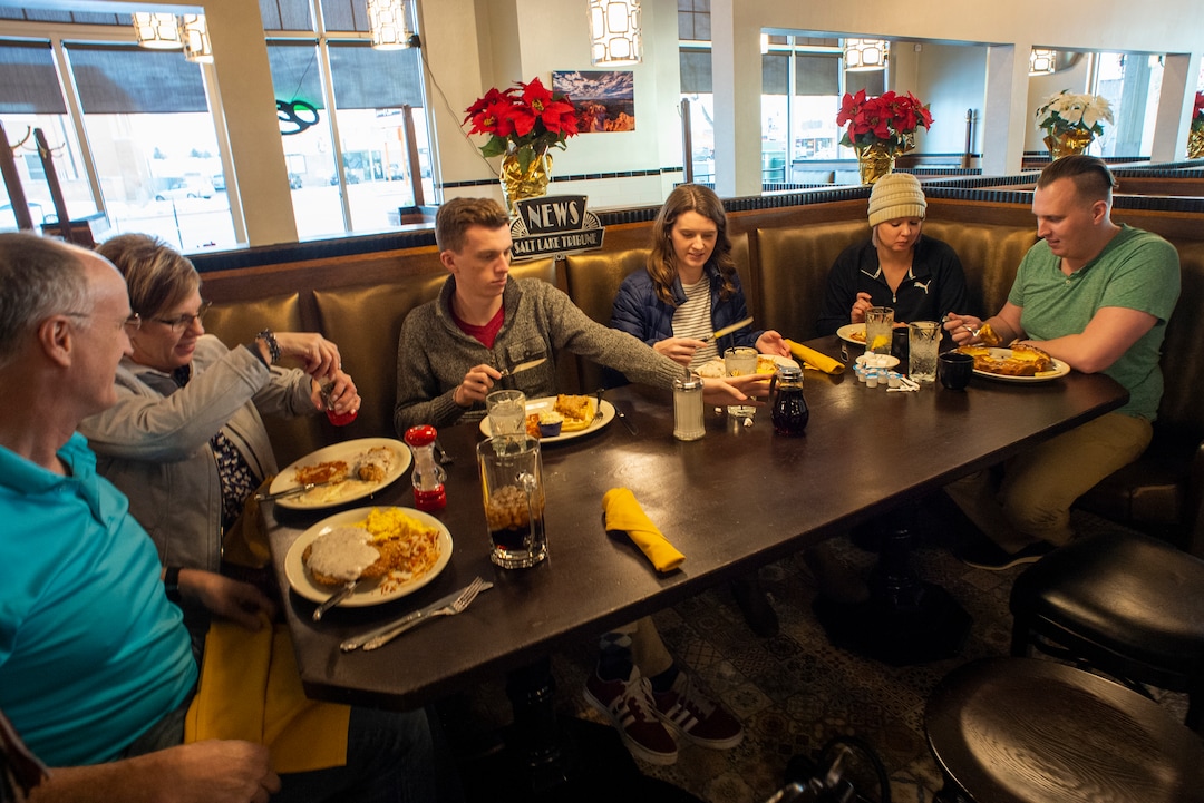 (Rick Egan  |  The Salt Lake Tribune)  The Eyre family — Ron, Julianne, Kaden, Ashley, Channing and Jordan — dine at Tru Religion Pancake & Steakhouse, which opened recently in Orem. The restaurant features antique furniture from Salt Lake City's iconic Lambs Grill. Friday, Dec. 28, 2018.