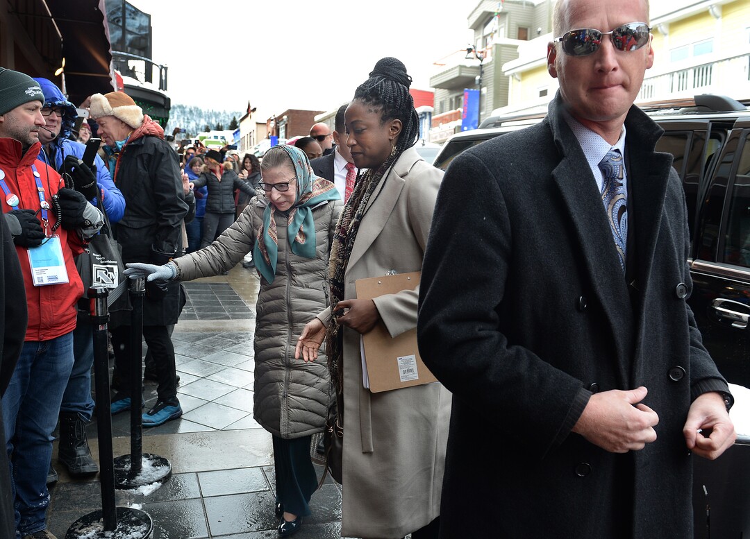 (Scott Sommerdorf   |  The Salt Lake Tribune)   Supreme Court Justice Ruth Bader Ginsburg arrives at Sundance's Cinema Cafe prior to being interviewed by NPR's Nina Totenberg, in connection with the documentary "RBG", Sunday, January 21, 2018.