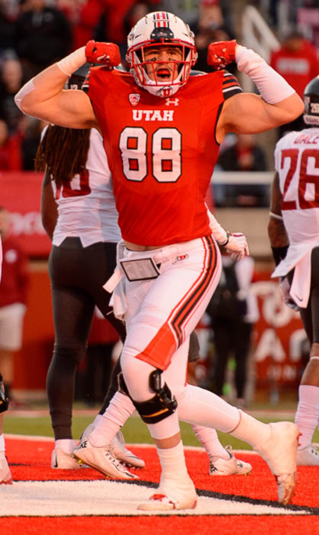 (Trent Nelson | The Salt Lake Tribune)  Utah Utes tight end Harrison Handley (88) celebrates a touchdown by Utah Utes running back Zack Moss (2) as the University of Utah hosts Washington State, NCAA football in Salt Lake City, Saturday November 11, 2017.
