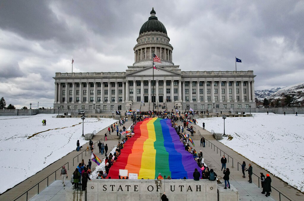 (Francisco Kjolseth | The Salt Lake Tribune) The Utah Pride Center sponsors a protest at the Utah Capitol over HB77, a bill that bans pride flags from Utah schools and government property, on the last day of the Legislative session, Friday, March 7, 2025.