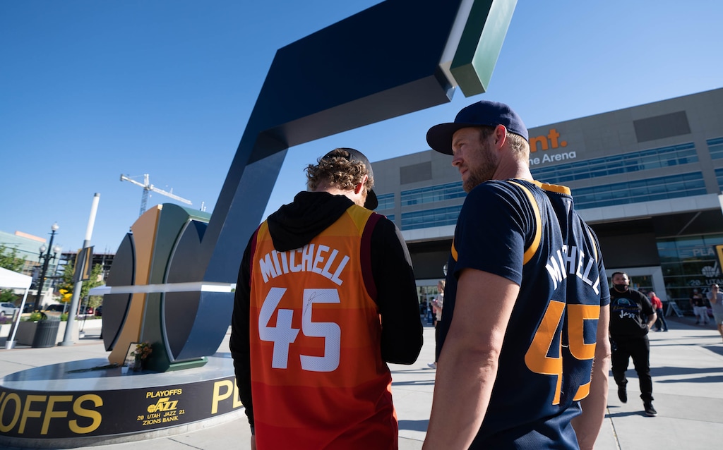 (Francisco Kjolseth | The Salt Lake Tribune) Utah Jazz fans Bryan Schiller, left, and Josh Willard stand outside of Vivint Arena ahead of a playoff game on June 2.