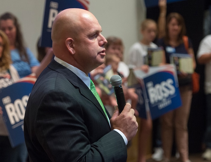 (Rick Egan  |  The Salt Lake Tribune)  
Fred Ross gives a speech Saturday, Aug. 12, 2017, as a candidate for the Salt Lake County sheriff.