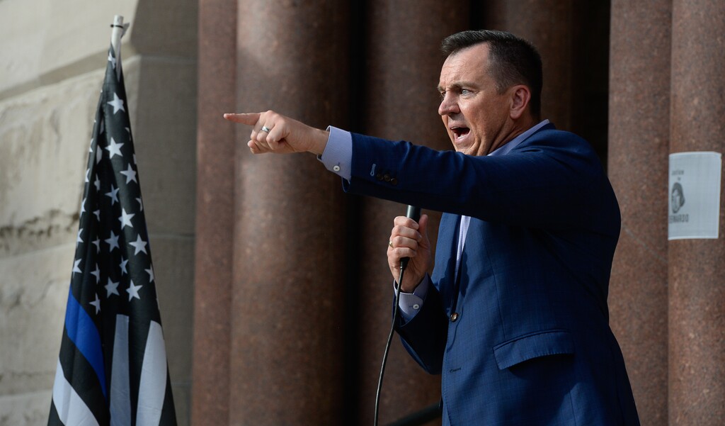 (Francisco Kjolseth | Tribune file photo) Former House Speaker Greg Hughes speaks before a few hundred at a rally in support of police at City Hall in Salt Lake City on Saturday, June 20, 2020. Hughes is running for governor of Utah.