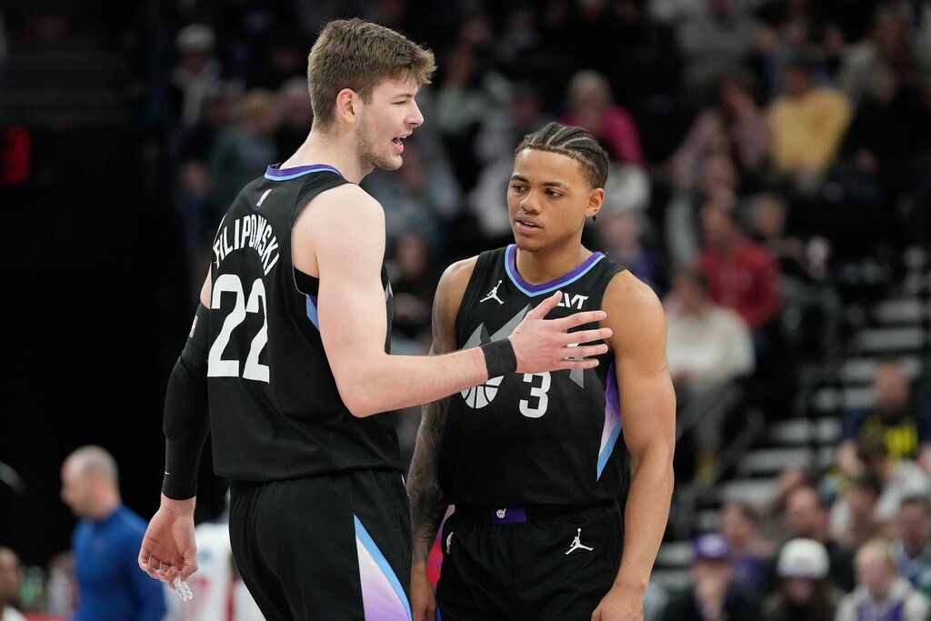 (Francisco Kjolseth  | The Salt Lake Tribune) Utah Jazz forward Kyle Filipowski (22) speaks with Utah Jazz guard Keyonte George (3) as the Utah Jazz host the Detroit Pistons during an NBA basketball game, Monday, March 3, 2025.