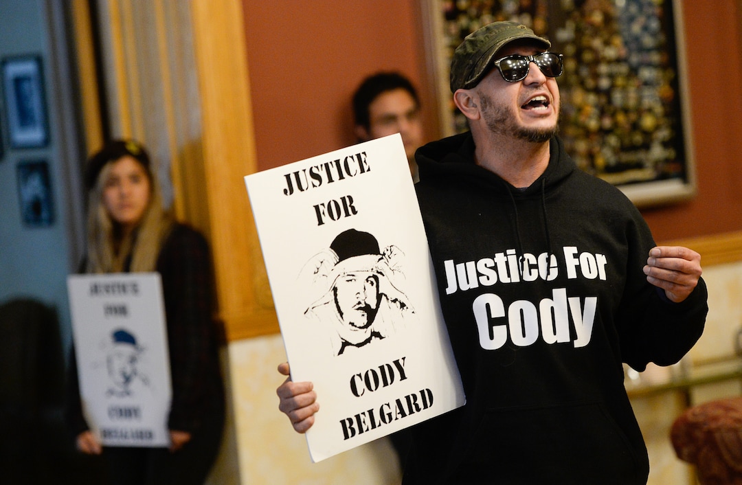 (Francisco Kjolseth  |  The Salt Lake Tribune)  Marvin Oliveros, stepbrother of Cody Belgard, the popular Glendale rapper, who was shot by police last November, shouts inside the office of Mayor Jackie Biskupski during a sit-in on Thursday, Jan. 10, 2019, in hopes of getting a meeting with the mayor. For weeks, the family of Cody Belgard has asked to meet with Mayor Biskupski to discuss his shooting by SLCPD, to no avail.