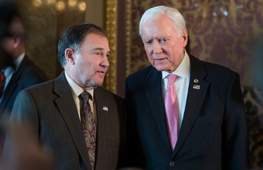Steve Griffin / The Salt Lake TribuneGov. Gary Herbert and Sen. Orrin Hatch talk before the start of a press conference in the Gold Room at the Utah State Capitol as 17 elected leaders of Utah gathered to  urge President Obama to not designate Bears Ears as a national monument in Salt Lake City Monday December 19, 2016. 