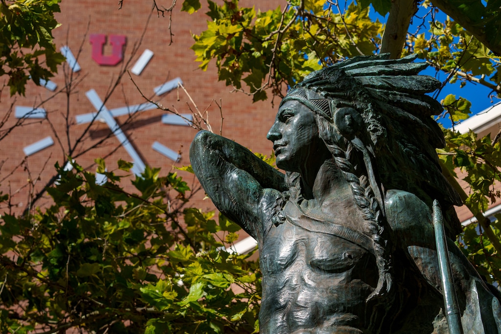 (Trent Nelson  |  The Salt Lake Tribune) The "Ute Brave" sculpture by Avard Fairbanks at the University of Utah in Salt Lake City on Tuesday, Aug. 13, 2024.