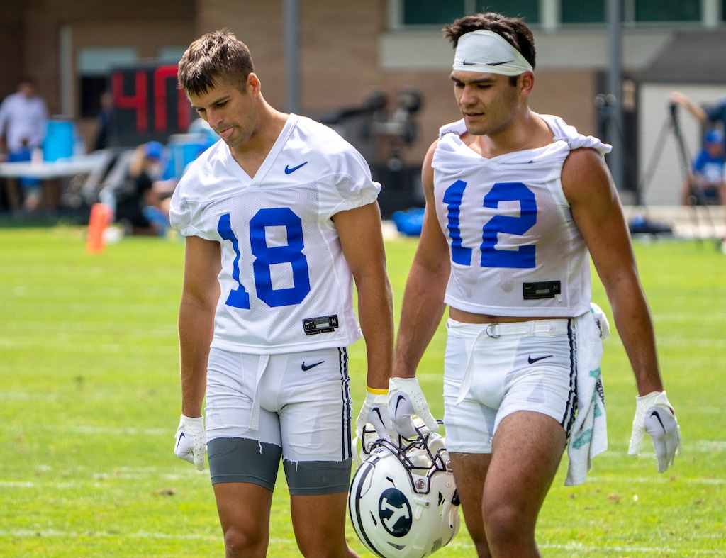 (Rick Egan | The Salt Lake Tribune)  Wide receivers Gunner Romney (18) and Puka Nacua, (12) on day 1 of BYU Football Fall Camp, on Thursday, Aug. 4, 2022.