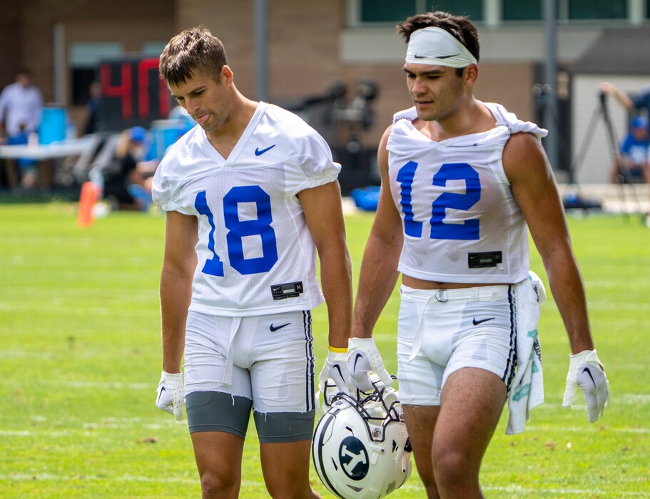 (Rick Egan | The Salt Lake Tribune)  Wide receivers Gunner Romney (18) and Puka Nacua, (12) on day 1 of BYU Football Fall Camp, on Thursday, Aug. 4, 2022.
