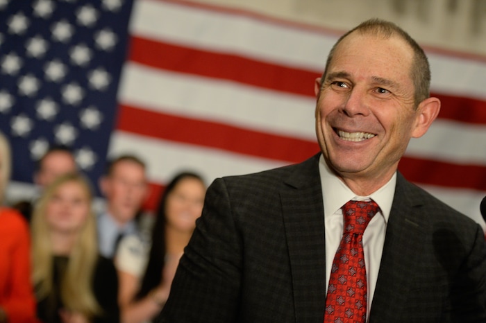 (Francisco Kjolseth  |  The Salt Lake Tribune)  John Curtis, Republican candidate for 3rd Congressional District celebrates his win at the Provo Marriott Hotel & Conference Center Tuesday, Nov. 7, 2017. He will fill the congressional seat recently vacated by Jason Chaffetz.