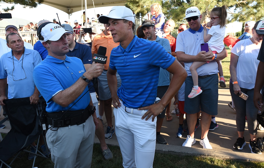 (Francisco Kjolseth  |  The Salt Lake Tribune)  Cameron Champ from Sacramento, CA, is interviewed following his win in the Utah Championship golf event on the Web.com Tour at Oakridge Country Club in Farmington on Sunday, July 15, 2018.