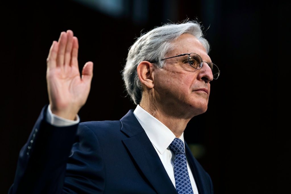 (Demetrius Freeman/The Washington Post via AP, Pool)

Judge Merrick Garland, nominee to be Attorney General, testifies at his confirmation hearing before the Senate Judiciary Committee, Monday, Feb. 22, 2021, on Capitol Hill in Washington.