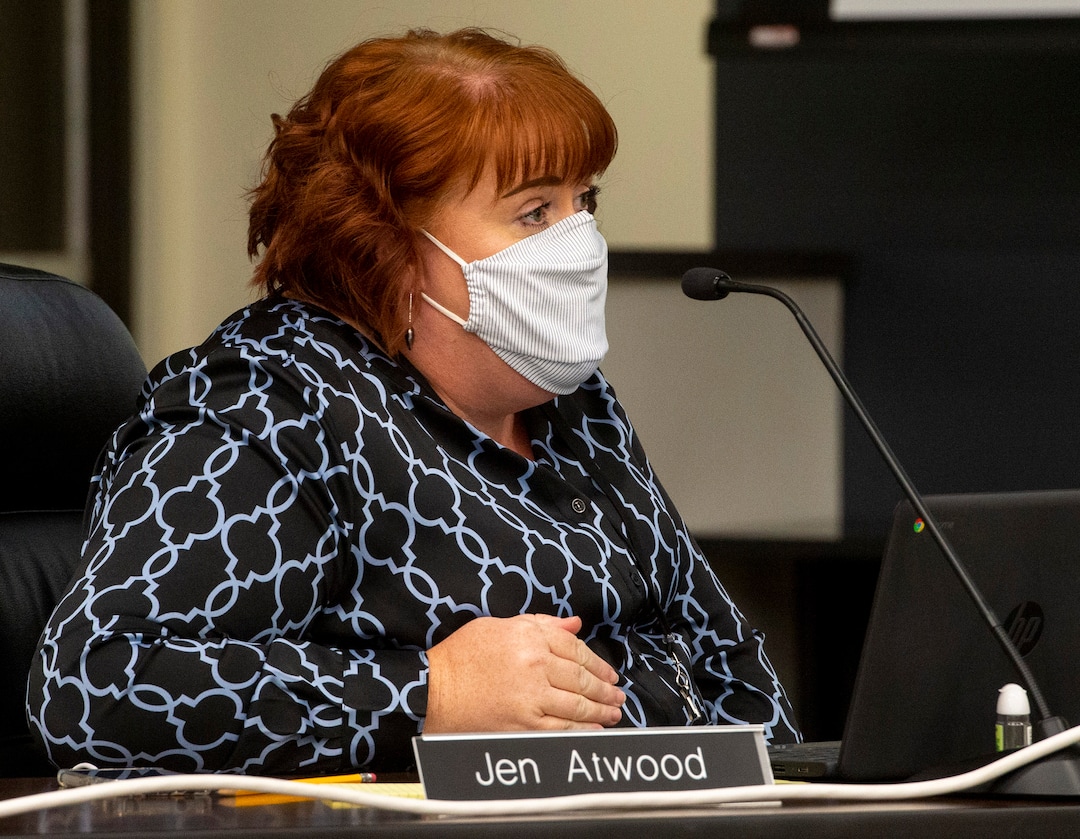 (Rick Egan  |  The Salt Lake Tribune)    Jen Atwood asks a questions during the Jordan School Board meeting, discussing the Covid-19 cases at Riverton High School, onWednesday, Sept. 16, 2020.