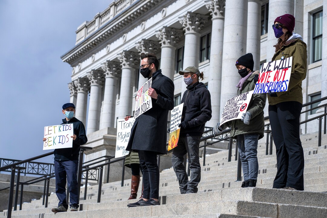 (Rick Egan | The Salt Lake Tribune)  More than 200 people gather on at the Capitol for a rally, speaking out against Rep. Kera Birkeland's transgender sports bill, on Friday, Feb. 25, 2022.
