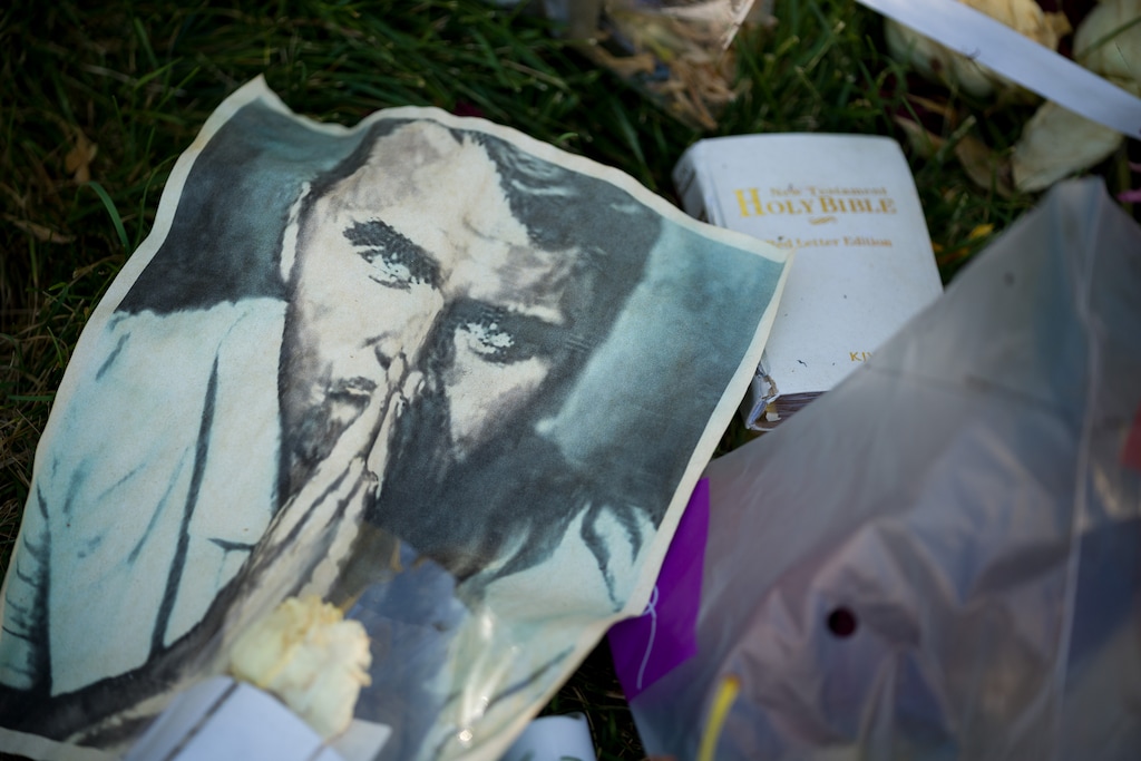 (Trent Nelson  |  The Salt Lake Tribune) Memorials to Charlie Kirk at Utah Valley University in Orem on Monday, Sept. 29, 2025.