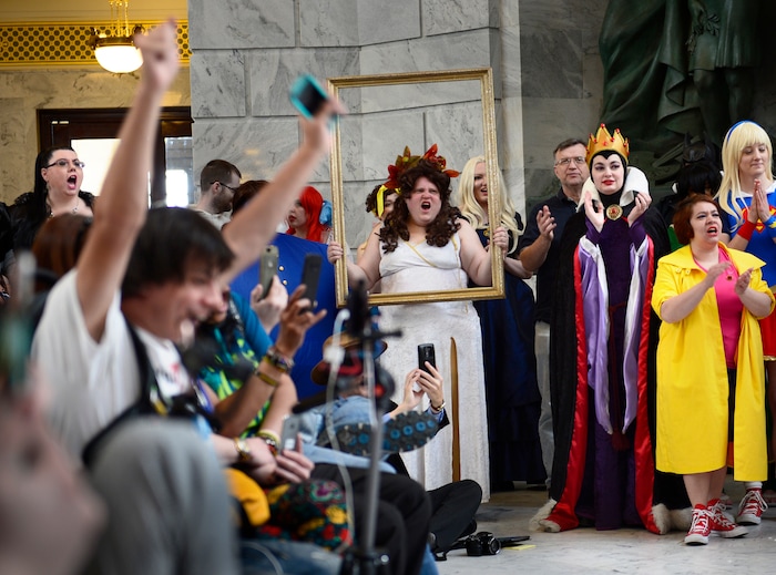 (Scott Sommerdorf | The Salt Lake Tribune) Cosplayers and FanX fans yell after they were asked to show their enthusiasm for the upcoming convention.