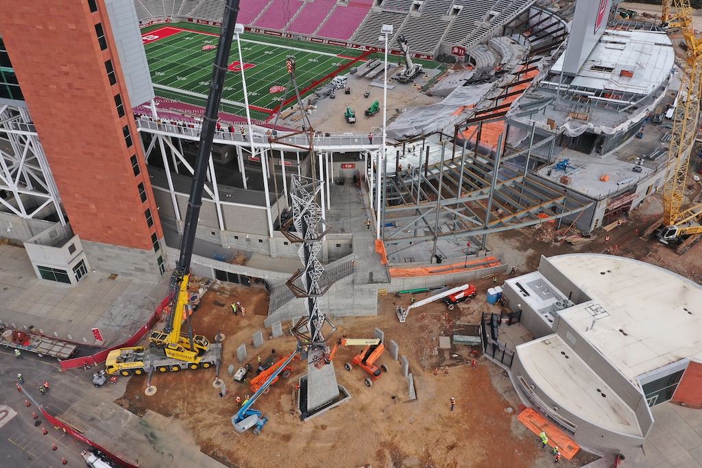 (Francisco Kjolseth  |  The Salt Lake Tribune) The Olympic cauldron is returned to the University of Utah on Friday, Jan. 29, 2021. Optimism remains for an on-time finish to expanding Rice-Eccles Stadium by the start of football in September.