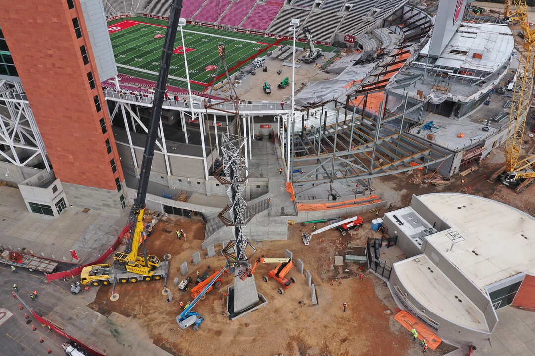 (Francisco Kjolseth  |  The Salt Lake Tribune) The Olympic cauldron is returned to the University of Utah on Friday, Jan. 29, 2021, after a refurbishment to lengthen its life span. Removed in February 2020, the cauldron was transported to an off-site location, where all 738 glass panes were removed and the complete structure was sandblasted and refinished. The refurbished structure was placed on a newly constructed, 17-foot-tall pedestal, just north of the stadium ticket office, with plans to add high-quality glass.