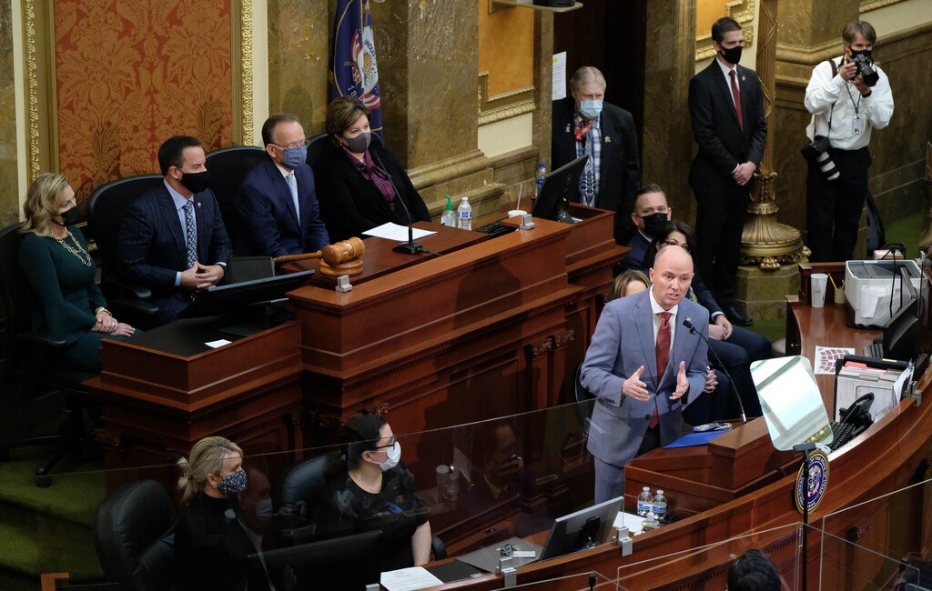 (Francisco Kjolseth | Tribune file photo) In this Jan. 21, 2021, file photo, Gov. Spencer Cox delivers his State of the State address at the Capitol in Salt Lake City. Cox and legislative leaders have been talking privately about how to change the state's emergency powers act with more behind-closed-doors negotiating in the works.