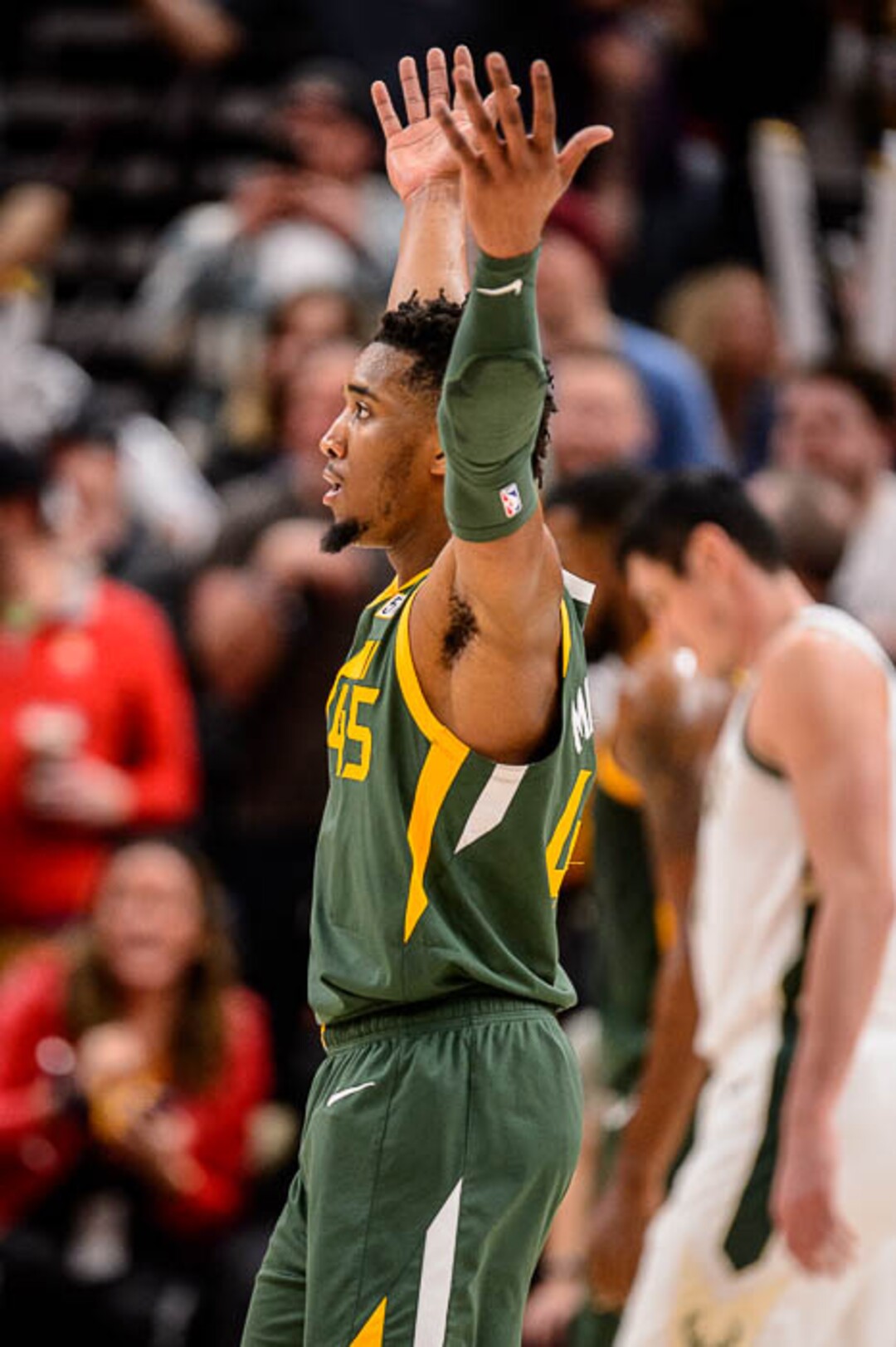 (Trent Nelson | The Salt Lake Tribune)  Utah Jazz guard Donovan Mitchell (45) as the Utah Jazz host the Milwaukee Bucks, NBA basketball in Salt Lake City on Saturday March 2, 2019.