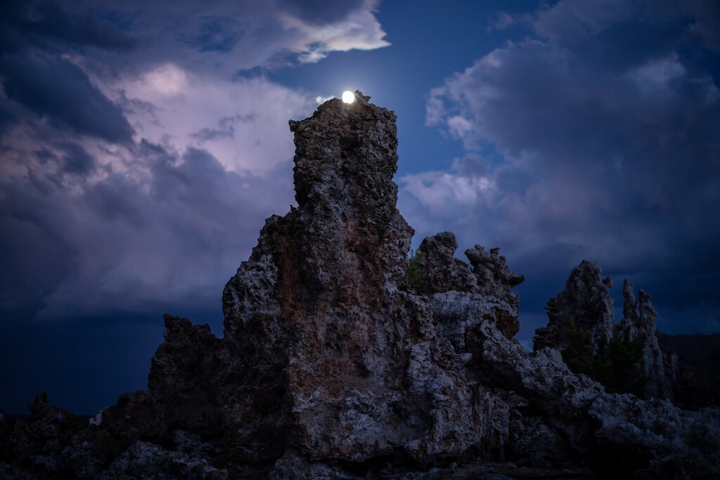 (Spenser Heaps | Deseret News) The moon rises behind one of Mono Lake’s iconic tufa formations on the south shore of the lake in Mono County, Calif., on Monday, Aug. 8, 2022. Amid climate change and growing water demands that are withering terminal lakes away, Mono Lake carries a rare hopeful message.