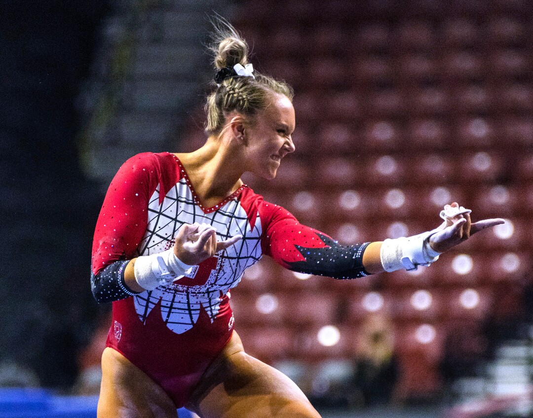 (Rick Egan | The Salt Lake Tribune) Maile O'Keefe reacts after competing on the uneven bars for Utah in the PAC-12 Gymnastics Championship tournament at the Maverik Center, on Saturday, March 20, 2021.