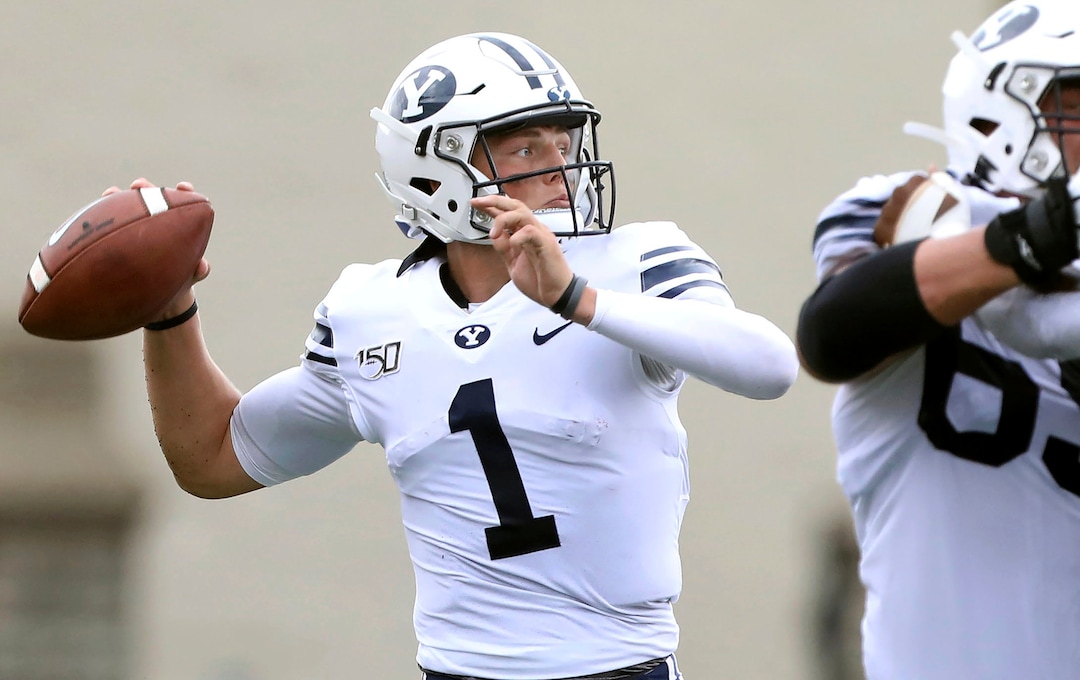 Brigham Young's Zach Wilson (1) throws a pass during a college football game between the University of Toledo and Brigham Young University at the Glass Bowl in Toledo, Ohio, on Saturday, Sept. 28, 2019. (Kurt Steiss/The Blade via AP)