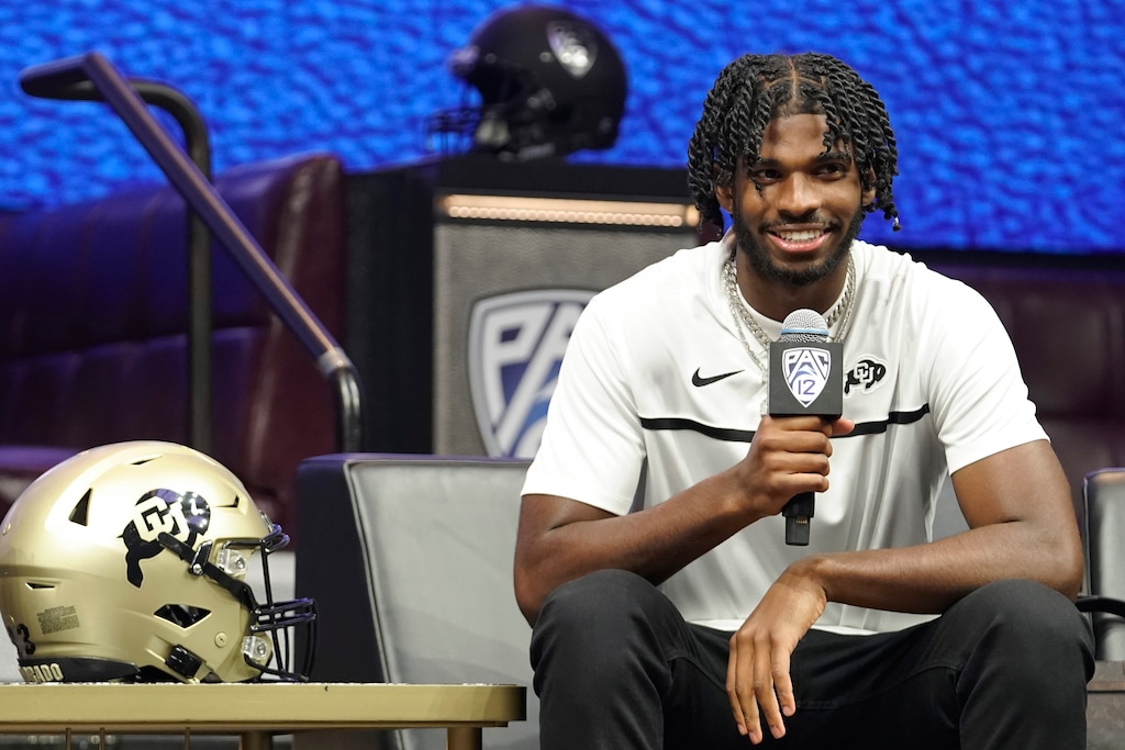 (Lucas Peltier | AP) Colorado quarterback Shedeur Sanders speaks at an NCAA college football Pac-12 media day Friday, July 21, 2023, in Las Vegas.