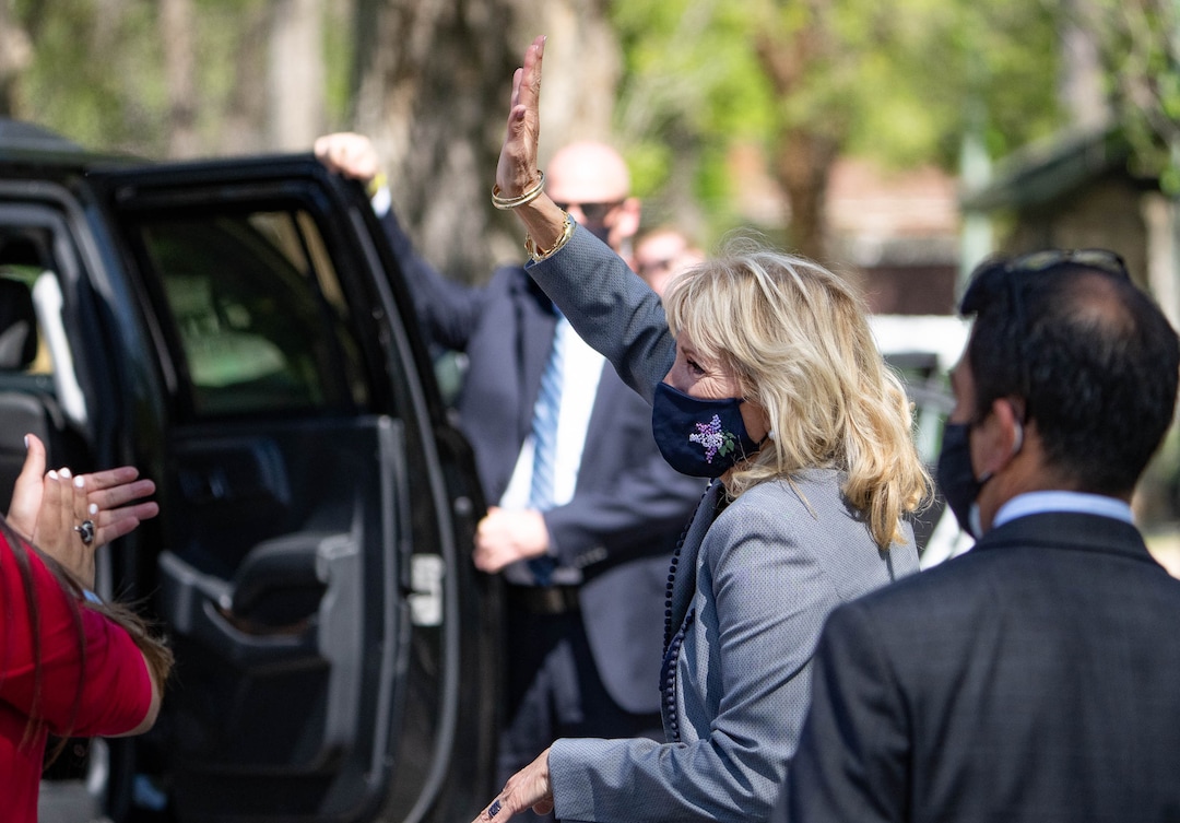 (Francisco Kjolseth | The Salt Lake Tribune) First lady Jill Biden, waves to supporters during her visit to a pop-up COVID-19 vaccine clinic in Jordan Park on Salt Lake City’s west side on Wednesday, May 5, 2021.