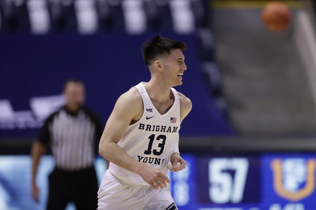 (Photo courtesy of BYU Athletics) BYU guard Alex Barcello celebrates after making his sixth three-pointer of the night against San Francisco at the Marriott Center on Thursday, Feb. 25, 2021.