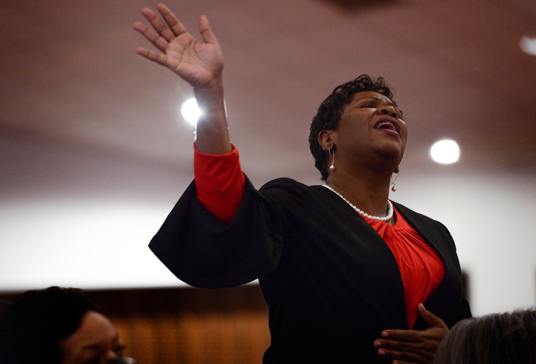 (Leah Hogsten  |  The Salt Lake Tribune) Calvary Baptist Church members sing during the worship service to honor Rev. France A. Davis, who celebrated his 44th anniversary as pastor with visiting pastors, ministers, family and members of his congregation, Sunday, April 22, 2018. Davis, who arrived in Salt Lake City in 1974 with his wife Willene Davis, has built the congregation to more than 700 members. 