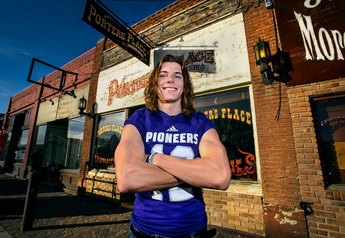 (Steve Griffin  |  The Salt Lake Tribune) 	Salt Lake Tribune football player of the year, Lehi quarterback Cammon Cooper, outside Porter's Place on Lehi's Main Street Monday December 18, 2017.