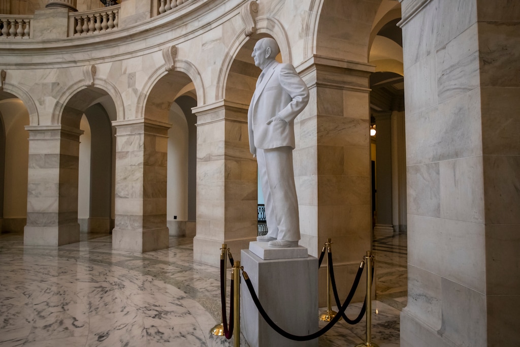 A statue of Sen. Richard Russell of Georgia stands in the rotunda of a Senate office building named after him, on Capitol Hill in Washington, Monday, Aug. 27, 2018. After the death of Sen. John McCain of Arizona this weekend, Senate Democratic leader Chuck Schumer said he will introduce a resolution to rename the Russell Senate Office Building to honor McCain. (AP Photo/J. Scott Applewhite)