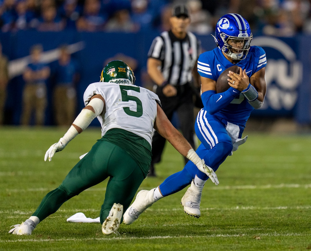 (Rick Egan | The Salt Lake Tribune) Brigham Young Cougars quarterback Jaren Hall (3) runs on a quarterback keeper, in football action between the Brigham Young Cougars and the Baylor Bears at LaVell Edwards Stadium in Provo, on Saturday, Sept. 10, 2022.