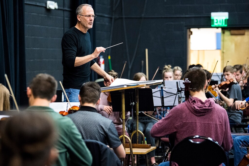 (Chris Detrick  |  The Salt Lake Tribune) Barlow Bradford conducts members of the Utah Youth Orchestras & Ensembles perform "The Apotheosis of Aristides," during a rehearsal at Utah Opera Saturday, January 13, 2018.  