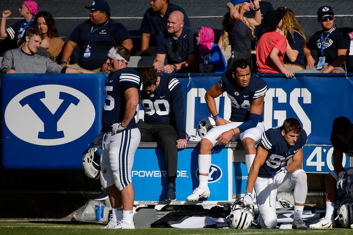 (Trent Nelson | The Salt Lake Tribune)  
BYU players on the sideline in the fourth quarter as BYU hosts Northern Illinois, NCAA football in Provo, Saturday Oct. 27, 2018.
