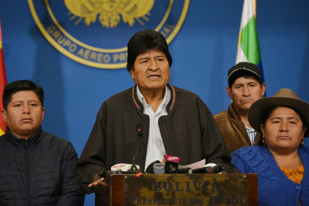 (Enzo De Luca | Agencia Boliviana de Informacion via AP) Bolivian President Evo Morales speaks from the presidential hangar in El Alto, Bolivia, Sunday, Nov. 10, 2019. Bolivia's military chief Gen. Williams Kaliman said that President Evo Morales should resign so that stability can be restored after weeks of protests over his disputed election. He stepped in after Morales agreed earlier in the day to hold a new election.