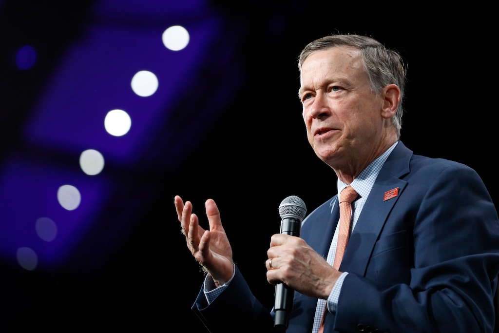 (Charlie Neibergall | AP Photo) Former Colorado Gov. John Hickenlooper speaks at the Presidential Gun Sense Forum, in Des Moines, Iowa earlier in August when he was a Democratic presidential candidate. Hickenlooper said Thursday, Aug. 22, that he will run for the U.S. Senate, becoming the immediate front-runner in a crowded Democratic field vying for the right to challenge Republican incumbent Cory Gardner.