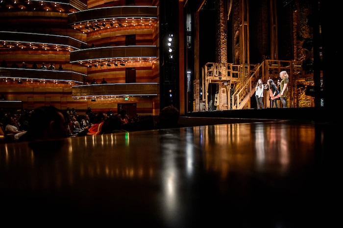 (Trent Nelson | The Salt Lake Tribune) Misty Villagran, Brittney Herrera, and Kiersten Whatcott of Cyprus High School perform in the Hamilton Education Project, or EduHam, at the Eccles Theater in Salt Lake City, Friday May 4, 2018.