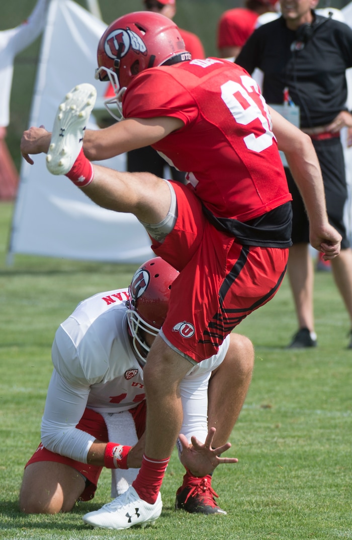 (Rick Egan  |  The Salt Lake Tribune)Utah kicker Hayes Hicken, kicks a field goal, during practice, Monday, August 7, 2017.