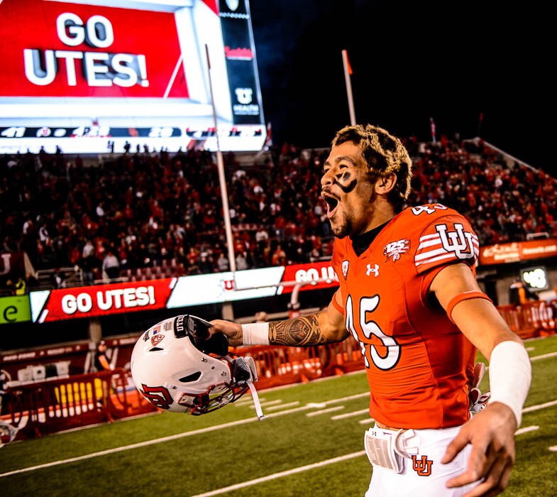 (Trent Nelson | The Salt Lake Tribune)
Utah Utes wide receiver Samson Nacua (45) celebrates as the Utah Utes host the USC Trojans, NCAA football at Rice-Eccles Stadium in Salt Lake City, Saturday Oct. 20, 2018.
