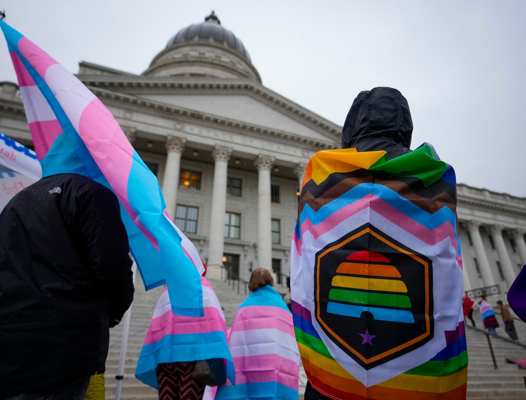 (Bethany Baker | The Salt Lake Tribune) Protesters gather during a protest in opposition to HB257 in front of the Utah Capitol during the legislative session in Salt Lake City on Thursday, Jan. 25, 2024. Republicans in the Utah Legislature tried passing a de facto ban on pride flags in schools during the final hours of the 2024 general session.