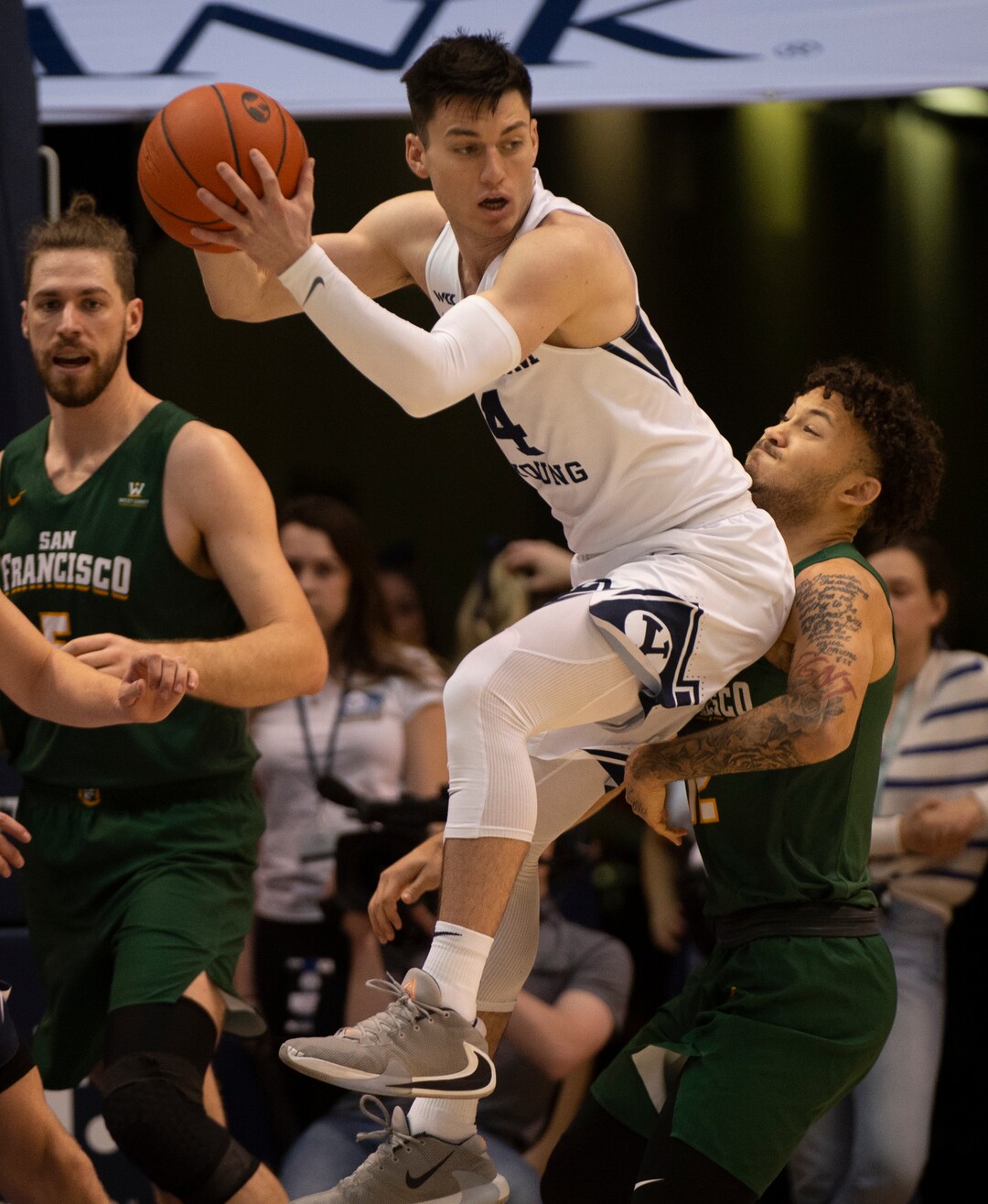 (Rick Egan  |  The Salt Lake Tribune)    Brigham Young Cougars guard Alex Barcello (4) grabs a rebound, in WCC basketball acton between the Brigham Young Cougars and the San Francisco Dons, at the Marriott Center, Saturday, Feb. 8, 2020.