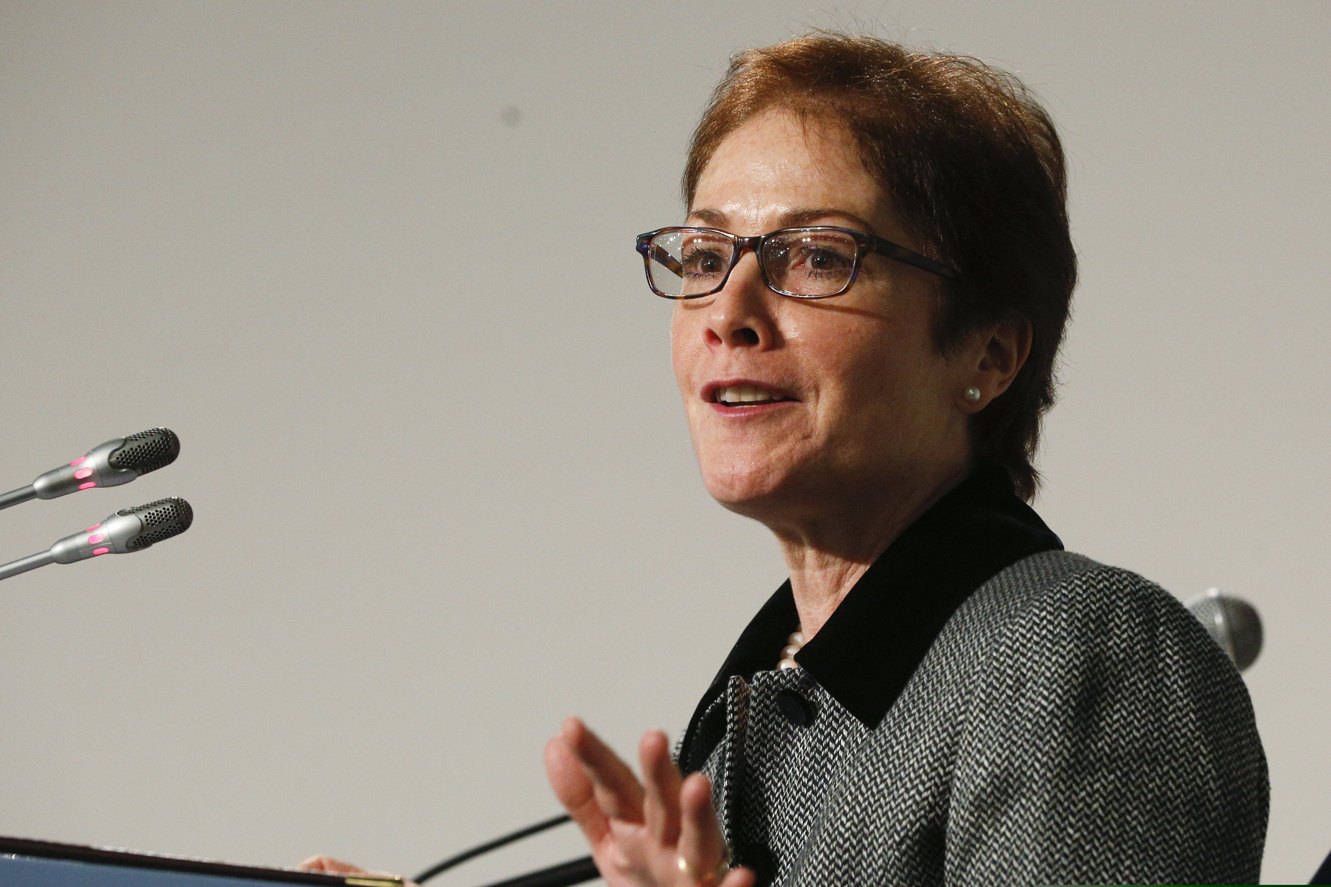 (Efrem Lukatsky | AP file photo) In this Nov. 30, 2018, file photo, then-U.S. Ambassador to Ukraine, Marie L. Yovanovitch, speaks in Kyiv, Ukraine. Yovanovitch was removed from her post after insisting that a request to Ukrainian officials to investigate President Donald Trump’s political rival be conveyed through official channels, according to a fellow former diplomat.