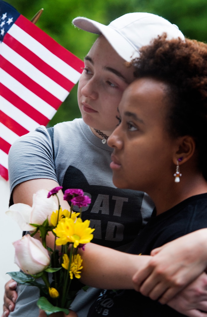 (Rick Egan  |  The Salt Lake Tribune)  Indiana Dally and Hannie Smith listen to speakers at the City and County Building for the Charlottesville Va. solidarity rally, hosted by Utah League of Native American Voters, Monday, August 14, 2017.


