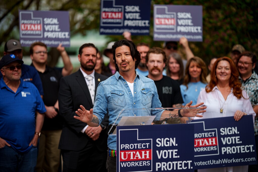 (Trent Nelson | The Salt Lake Tribune) Teacher John Arthur speaks after labor leaders turned signatures in their attempt to qualify a referendum repealing an anti-union bill, at the Salt Lake County Clerk's office on Wednesday, April 16, 2025.
