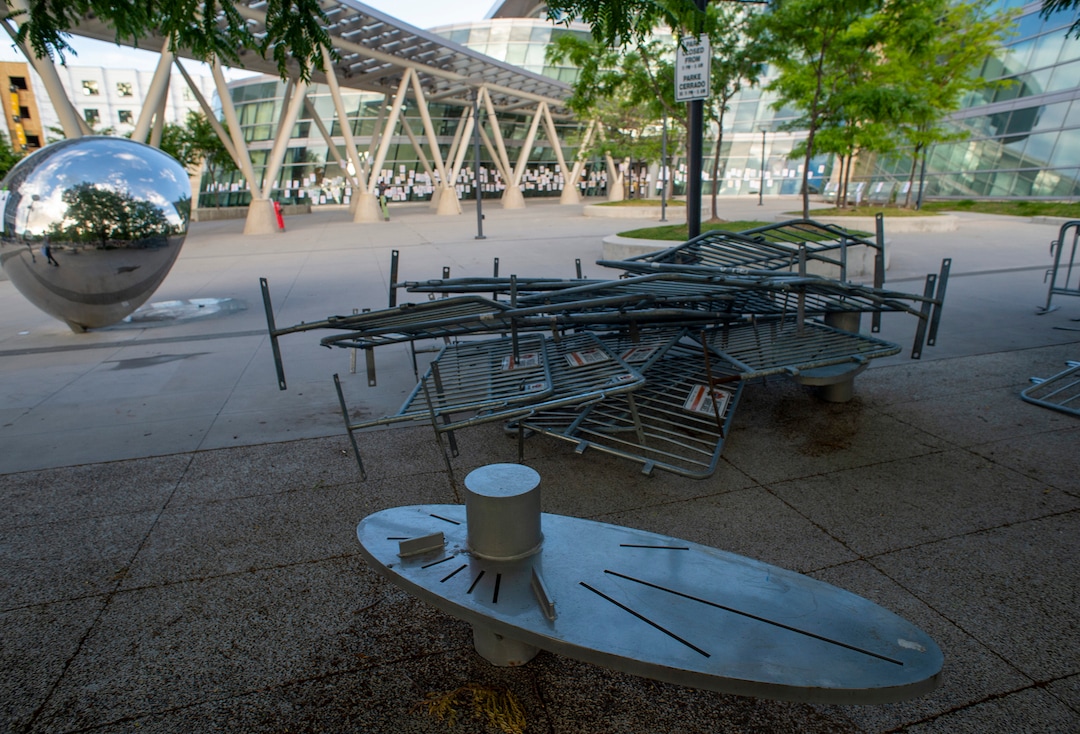 (Rick Egan  |  The Salt Lake Tribune)    Protesters dismantled the barricades, during a stop at the Salt Lake Public Safety Building, during a Justice for Bernardo protest on Wednesday, June 24, 2020.